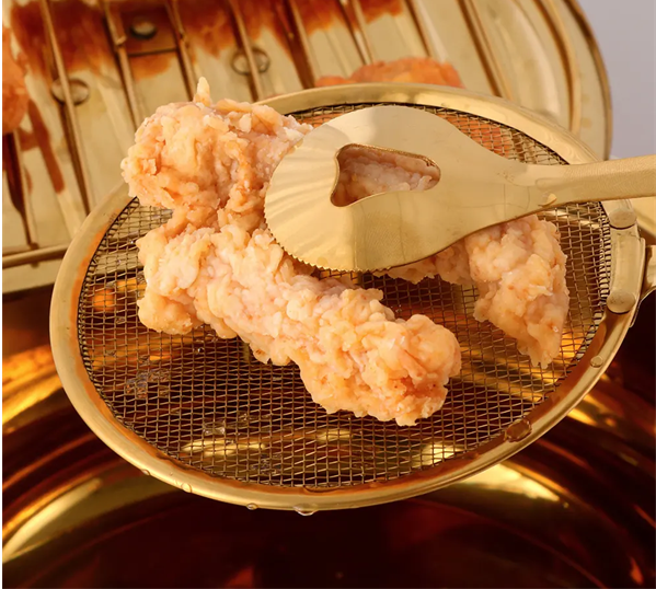 Gold stainless steel kitchen strainer tongs for cooking, frying, and lifting food from hot oil or boiling water."