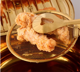 Gold stainless steel kitchen strainer tongs for cooking, frying, and lifting food from hot oil or boiling water."