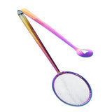 "Colorful rainbow Baloo stainless steel strainer spoon tongs, durable 2-in-1 utensil for cooking and serving."