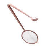 "Rose gold Baloo stainless steel strainer spoon tongs with fine mesh strainer and heat-resistant grip."