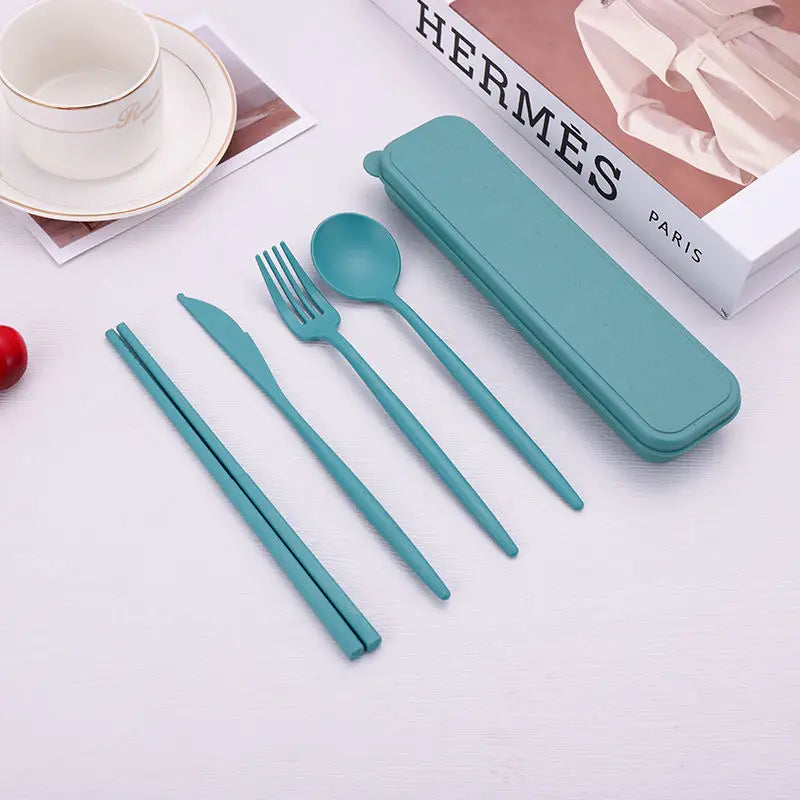 Reusable Travel Utensils with Case, 4 Sets Wheat Straw Portable Cutlery Set Chopsticks Knives Fork and Spoon for Lunch Box Accessories, Camping...