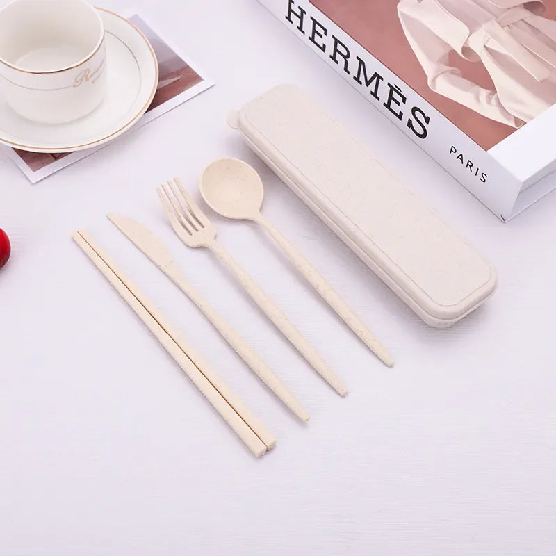 Reusable Travel Utensils with Case, 4 Sets Wheat Straw Portable Cutlery Set Chopsticks Knives Fork and Spoon for Lunch Box Accessories, Camping...