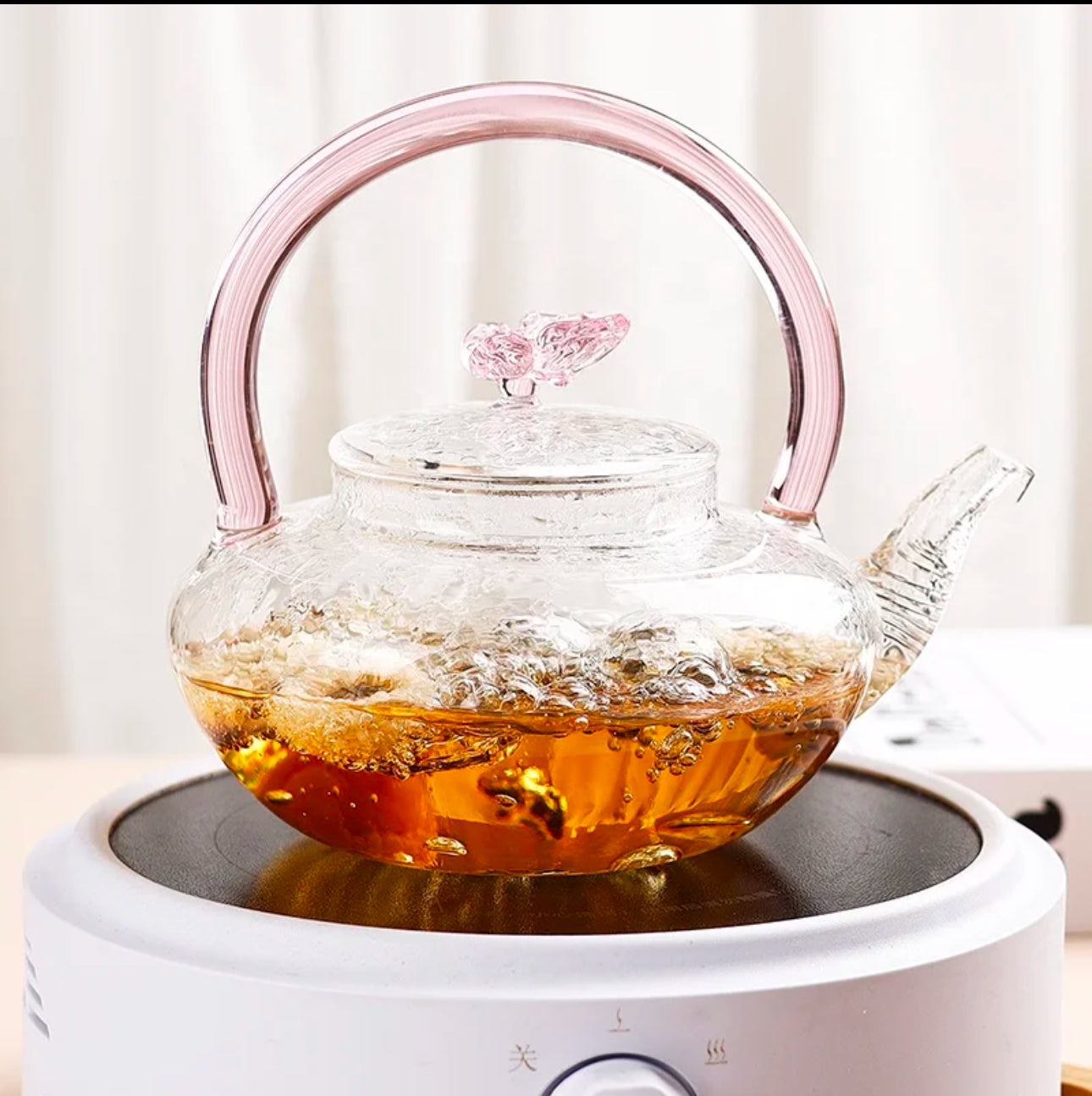 Painted Lady Butterfly Tea Pot – High-Temp Borosilicate Glass Kettle in Pink