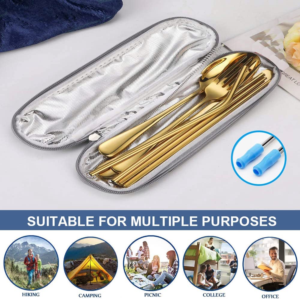 Travel Reusable Utensils Silverware with Case, Camping Cutlery set, Chopsticks and Straw for Camping, Portable Flatware Cutlery Set with Case, Stainless steel...