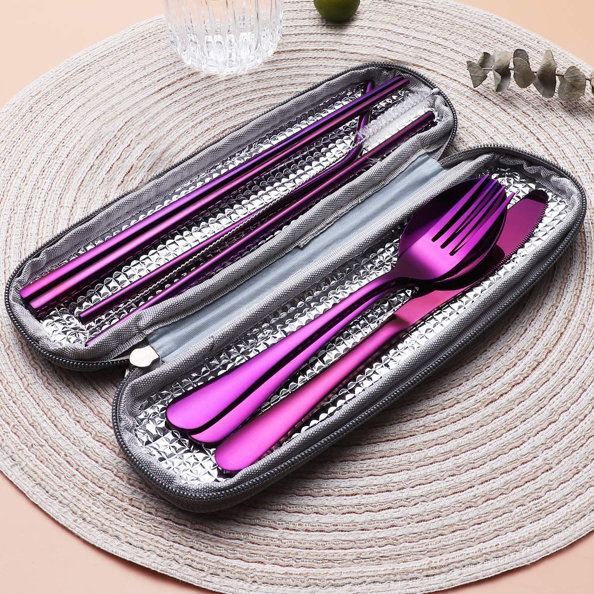 Travel Reusable Utensils Silverware with Case, Camping Cutlery set, Chopsticks and Straw for Camping, Portable Flatware Cutlery Set with Case, Stainless steel...