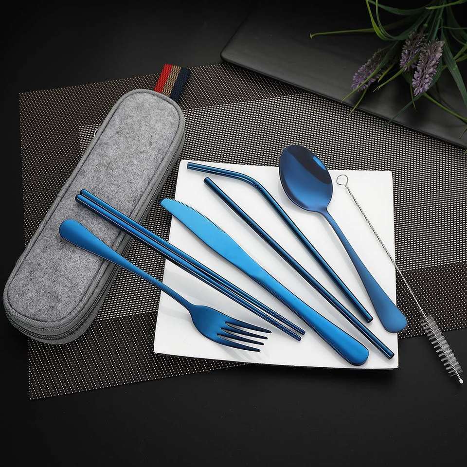 Travel Reusable Utensils Silverware with Case, Camping Cutlery set, Chopsticks and Straw for Camping, Portable Flatware Cutlery Set with Case, Stainless steel...